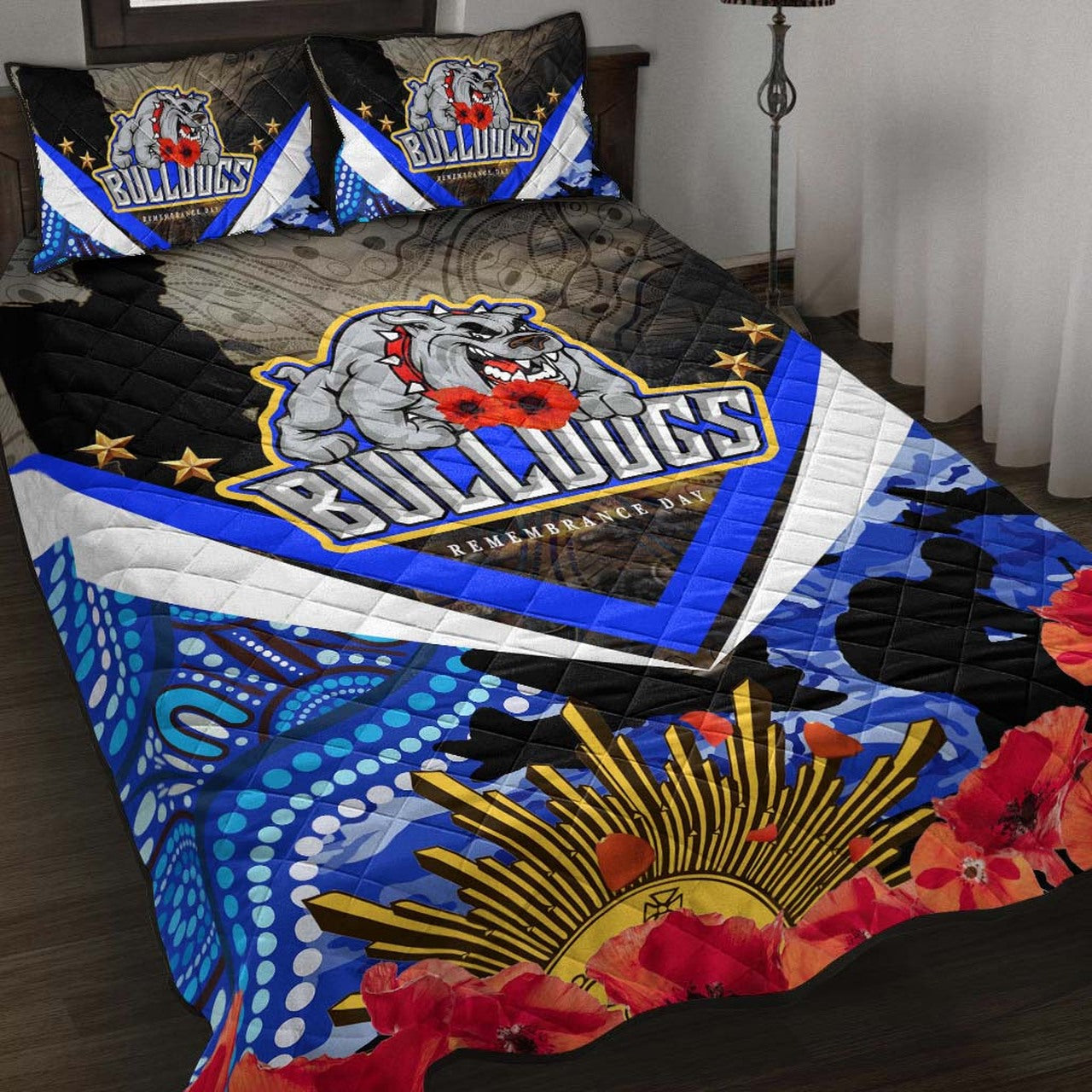bulldogs-rugby-anzac-aboriginal-quilt-bed-set-poppy-flower-remembrance-day-quilt-bed-set