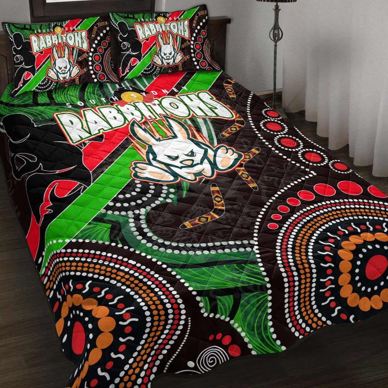 rabbitohs-rugby-anzac-aboriginal-quilt-bed-set-rabbitohs-remembrance-day-with-poppy-flower-quilt-bed-set