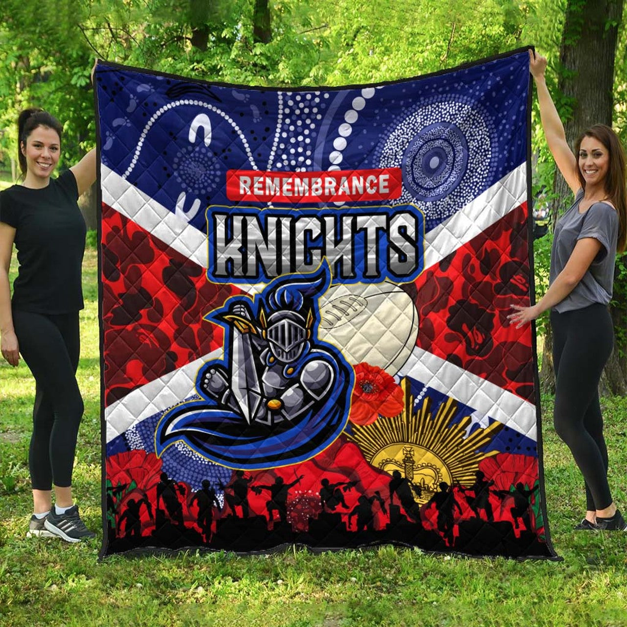 knights-rugby-anzac-aboriginal-quilt-newcastle-knights-with-anzac-day-poppy-flower-quilt