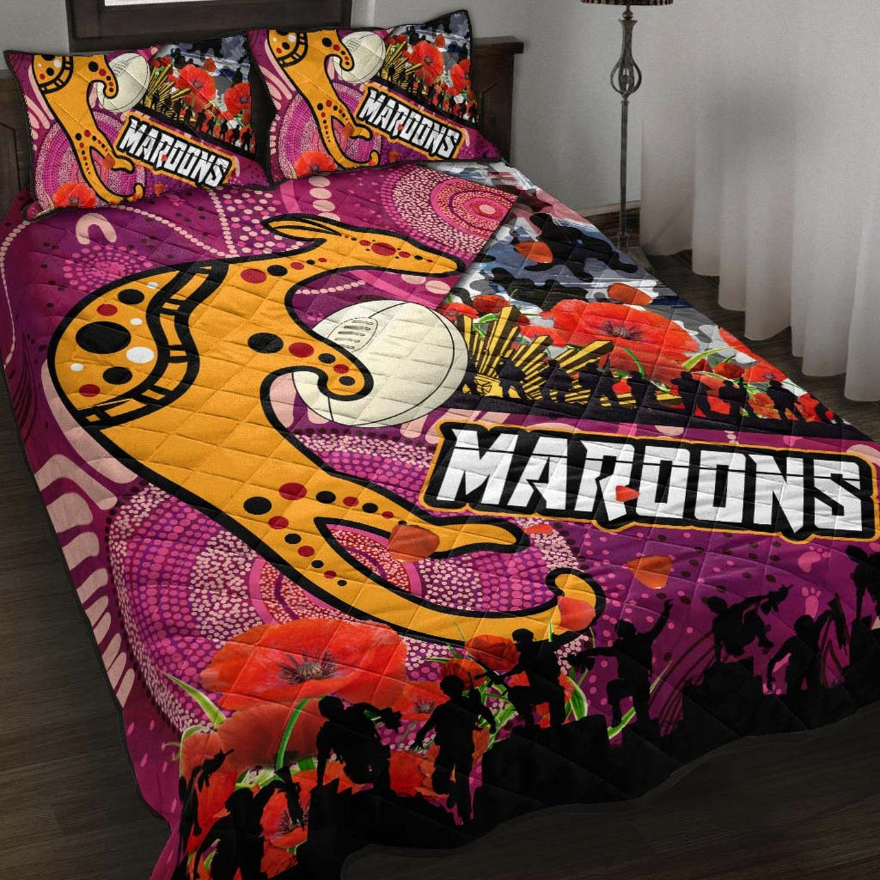maroons-rugby-anzac-aboriginal-quilt-bed-set-maroons-aboriginal-pattern-with-anzac-day-poppy-flower-quilt-bed-set