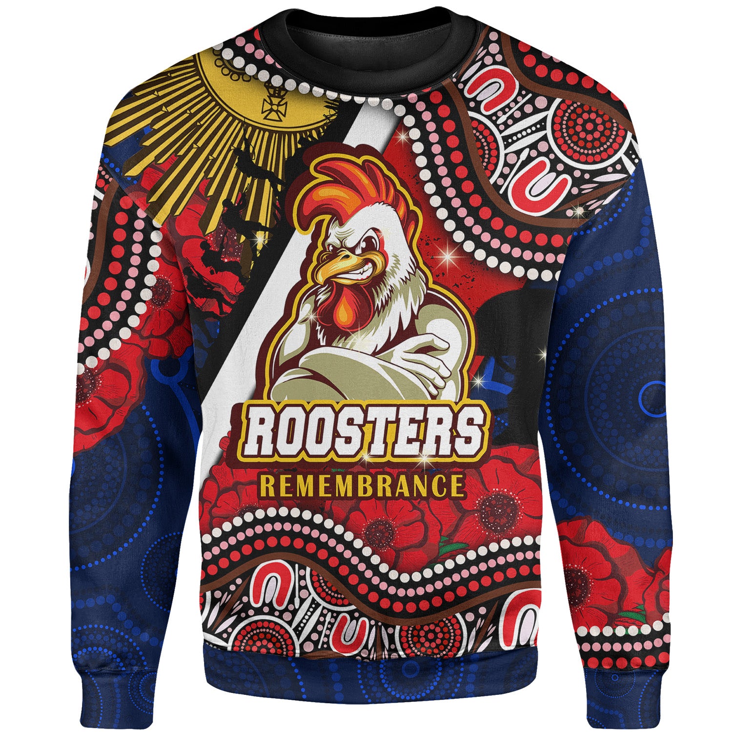 roosters-rugby-sweatshirt-custom-remembrance-day-sydney-roosters-aboriginal-culture-sweatshirt