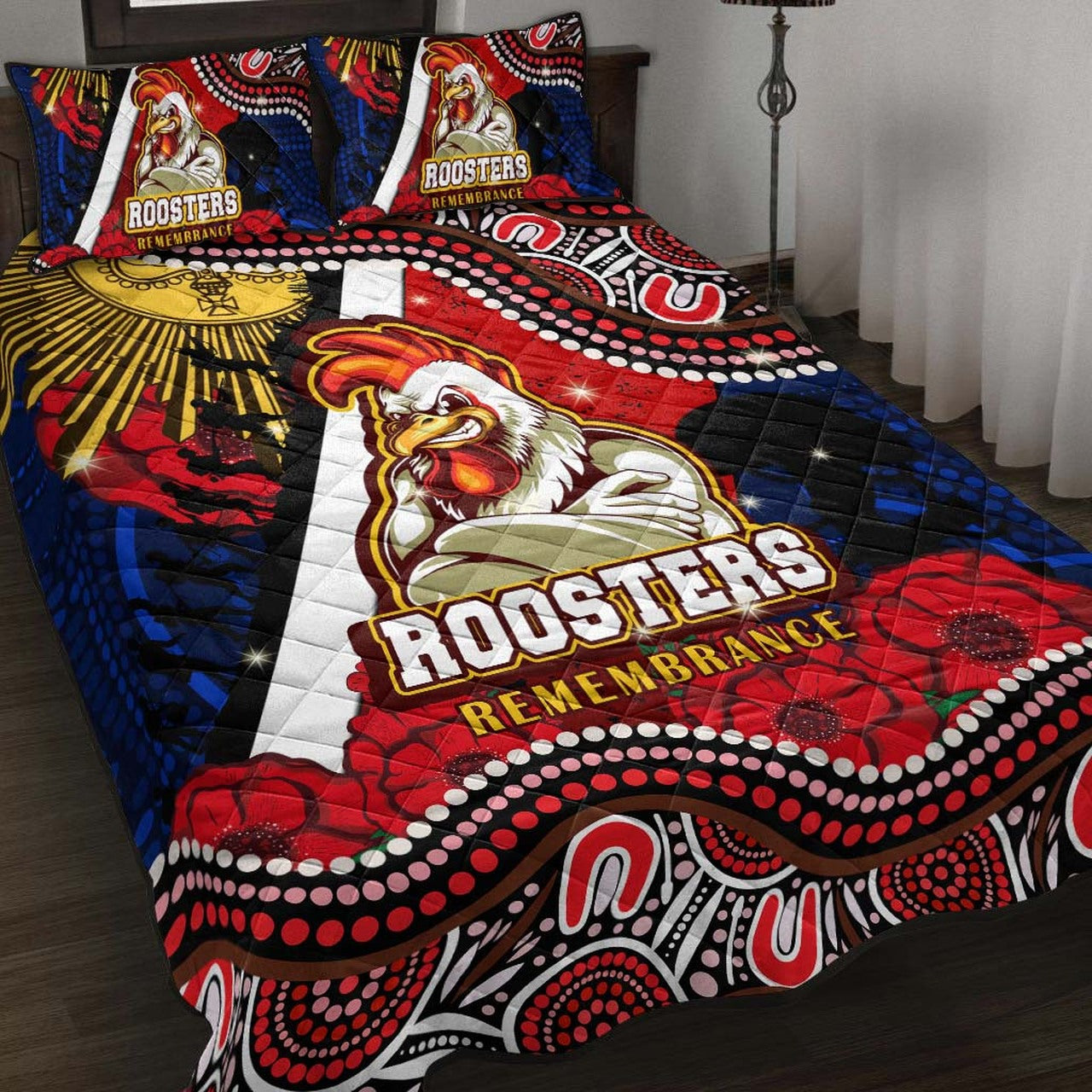 roosters-rugby-anzac-aboriginal-quilt-bed-set-sydney-roosters-with-remembrance-day-poppy-flower-quilt-bed-set