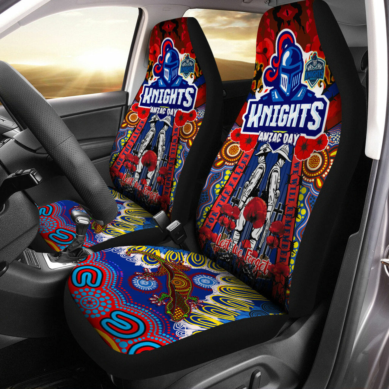 knights-rugby-anzac-custom-watercolour-car-seat-cover-remembrance-indigenous-newcastle-knights-with-poppy-flower