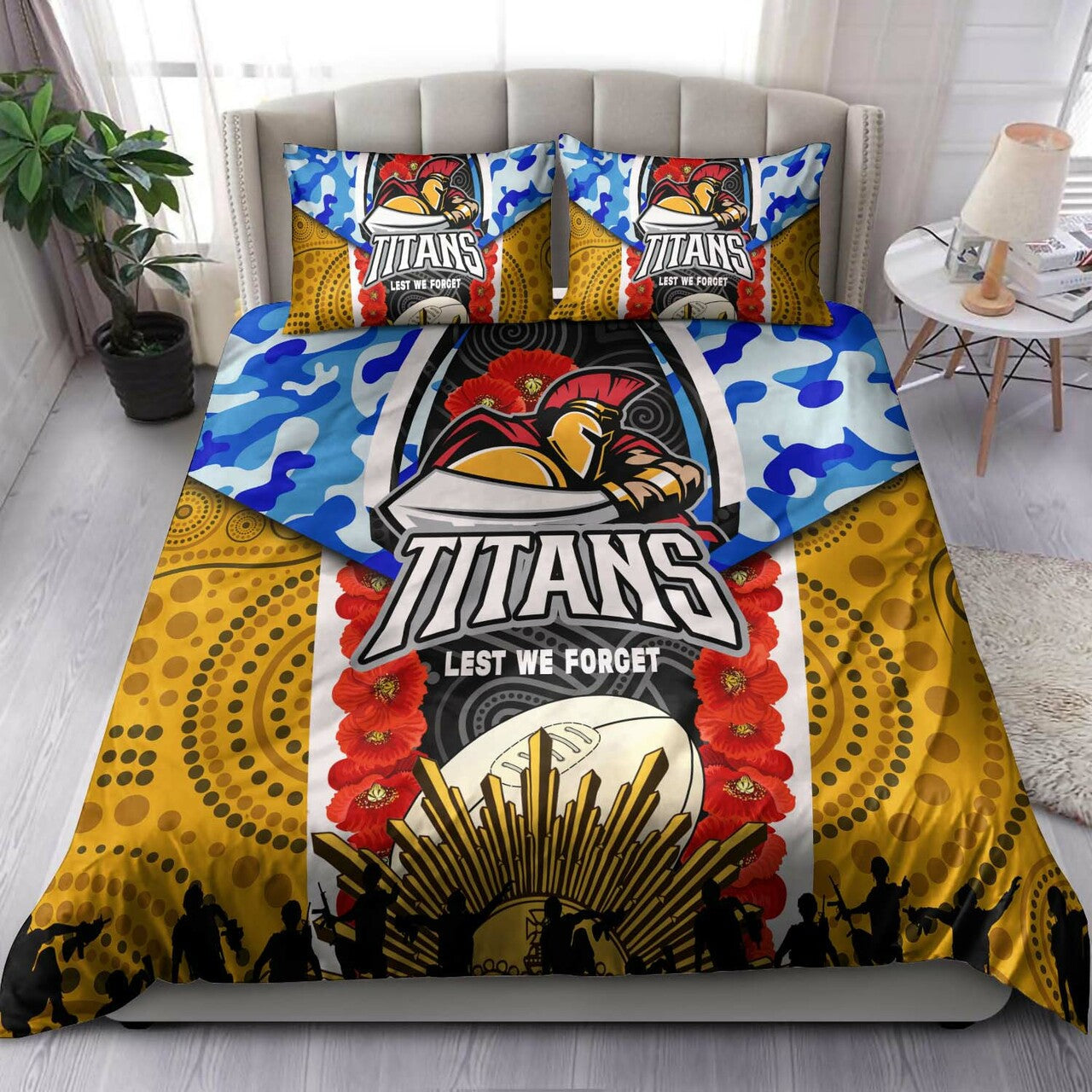titans-rugby-anzac-aboriginal-bedding-set-titans-with-poppy-watercolor-flower-bedding-set
