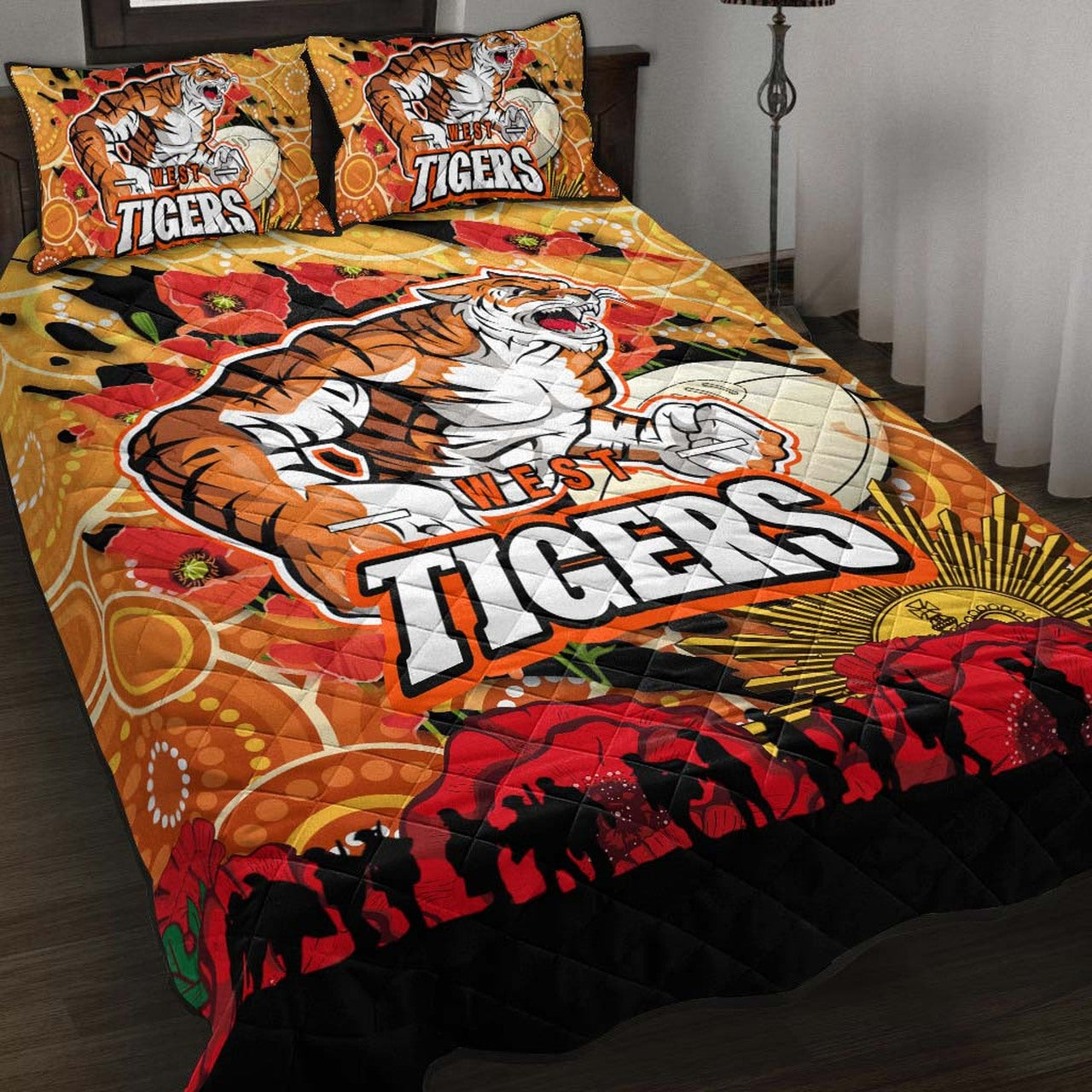 tigers-rugby-anzac-aboriginal-quilt-bed-set-tigers-rugby-with-remembrance-day-poppy-flower-quilt-bed-set