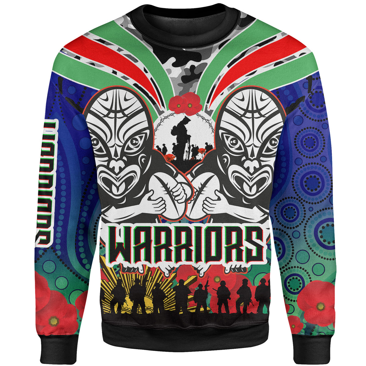 warrior-rugby-sweatshirt-custom-remembrance-day-new-zealand-warrior-maori-mask-and-aboriginal-sweatshirt