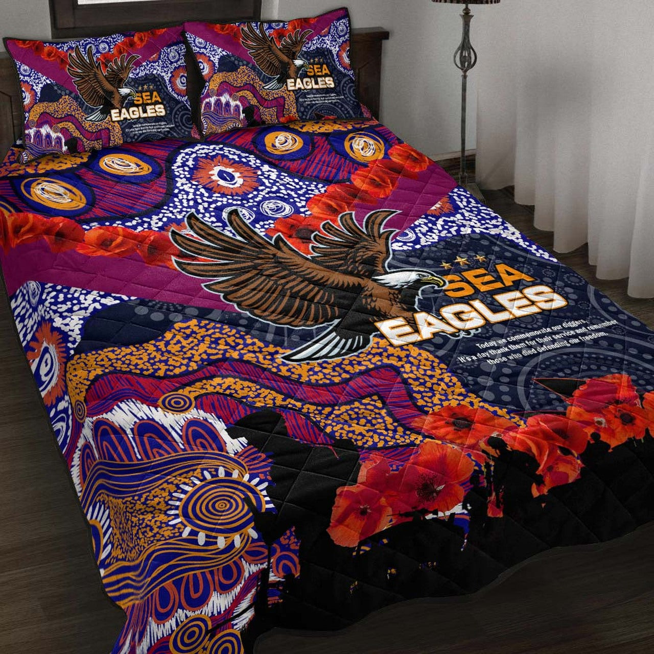 sea-eagles-rugby-anzac-aboriginal-quilt-bed-set-manly-warringah-sea-eagles-with-anzac-day-poppy-flower-quilt-bed-set