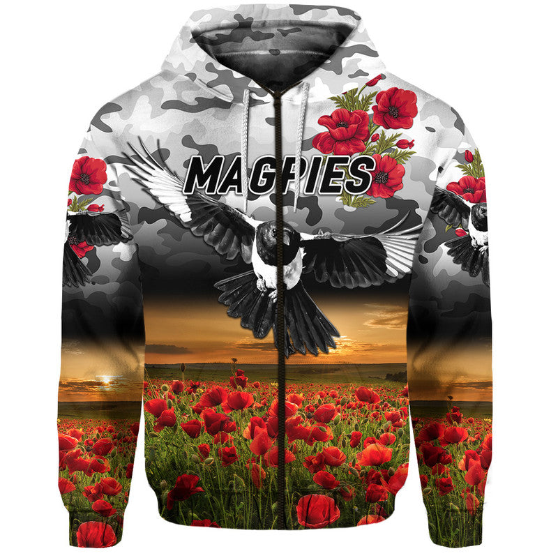 (Custom Personalised) Collingwood Magpies ANZAC Zip Up And Pullover Hoodie Poppy Vibes LT8