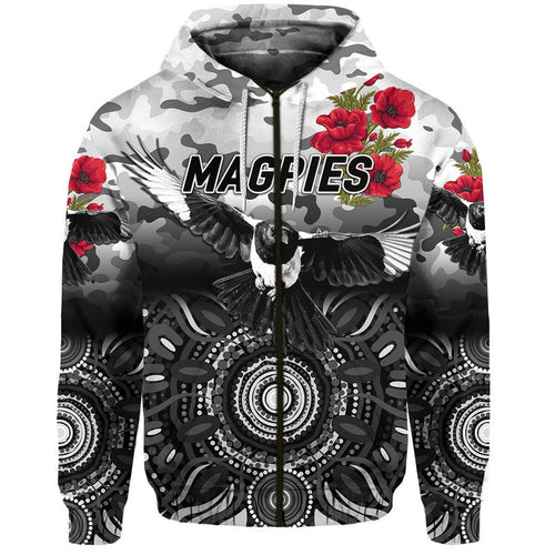 (Custom Personalised) Collingwood Magpies ANZAC Zip Up And Pullover Hoodie Indigenous Vibes LT8