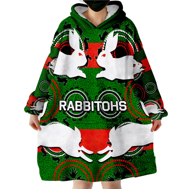 rabbitohs-rugby-wearable-blanket-hoodie-aboriginal-dot-patterns