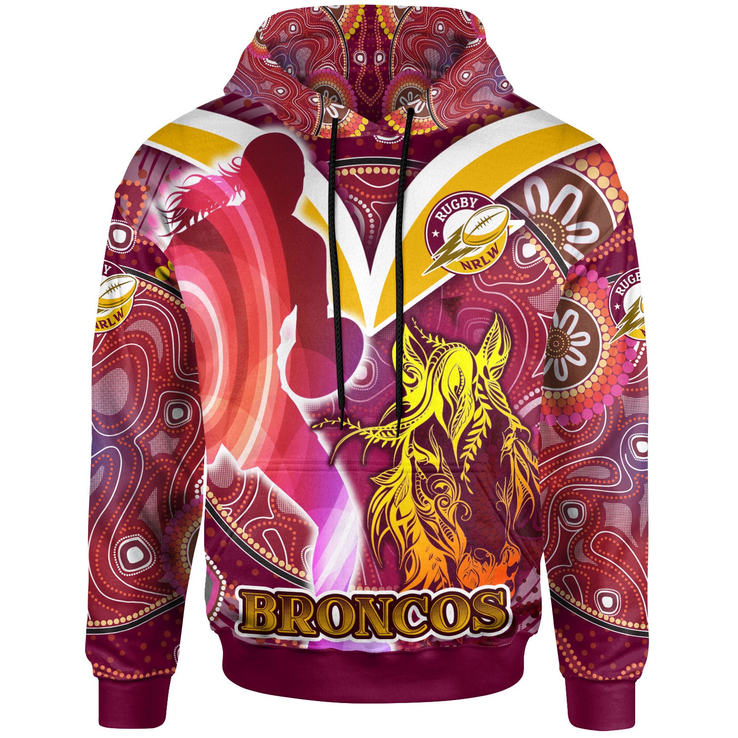 nrlw-broncos-rugby-hoodie-custom-rugby-ball-indigenous-aboriginal-broncos-women-hoodie