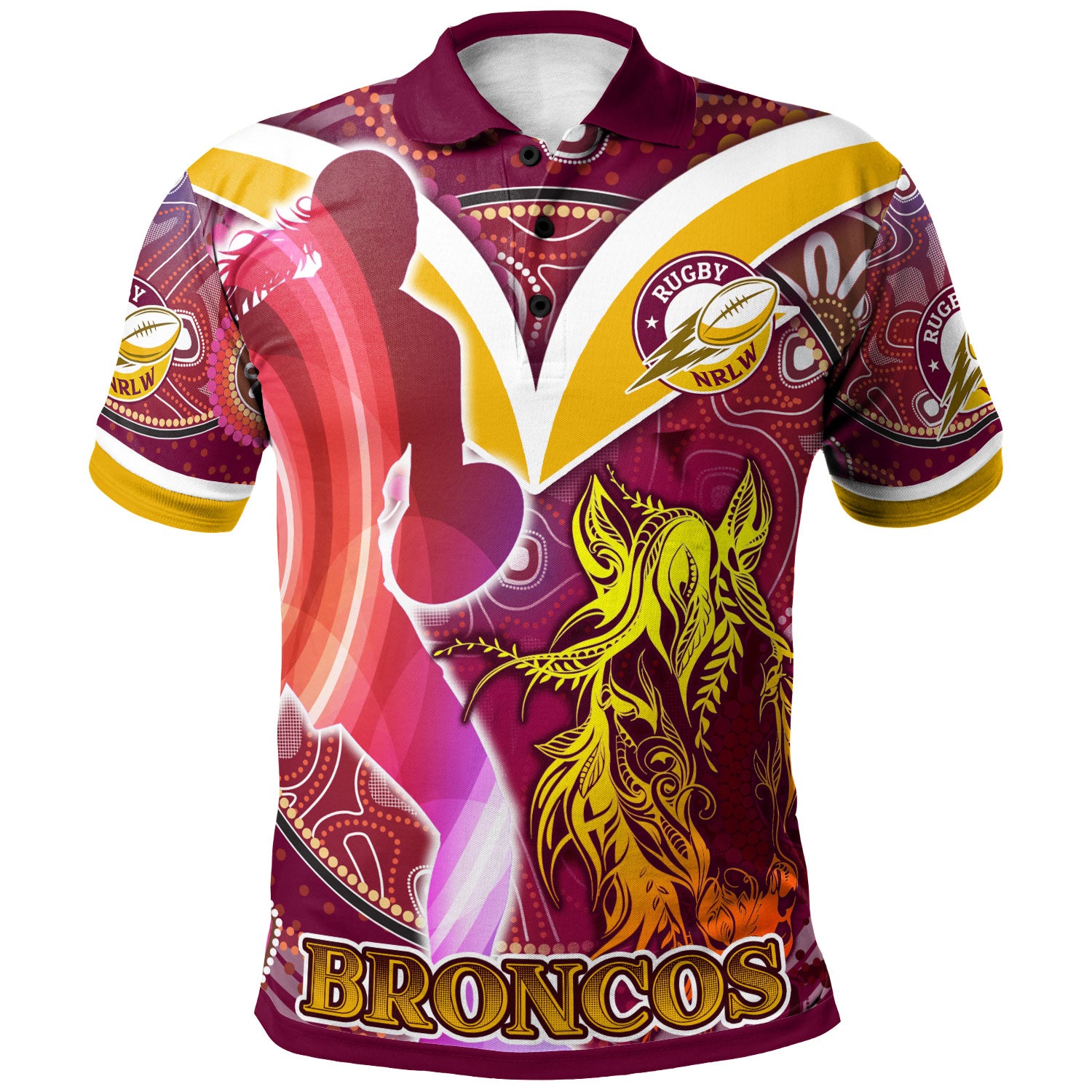 nrlw-broncos-rugby-polo-shirt-custom-rugby-ball-indigenous-aboriginal-broncos-women-polo-shirt