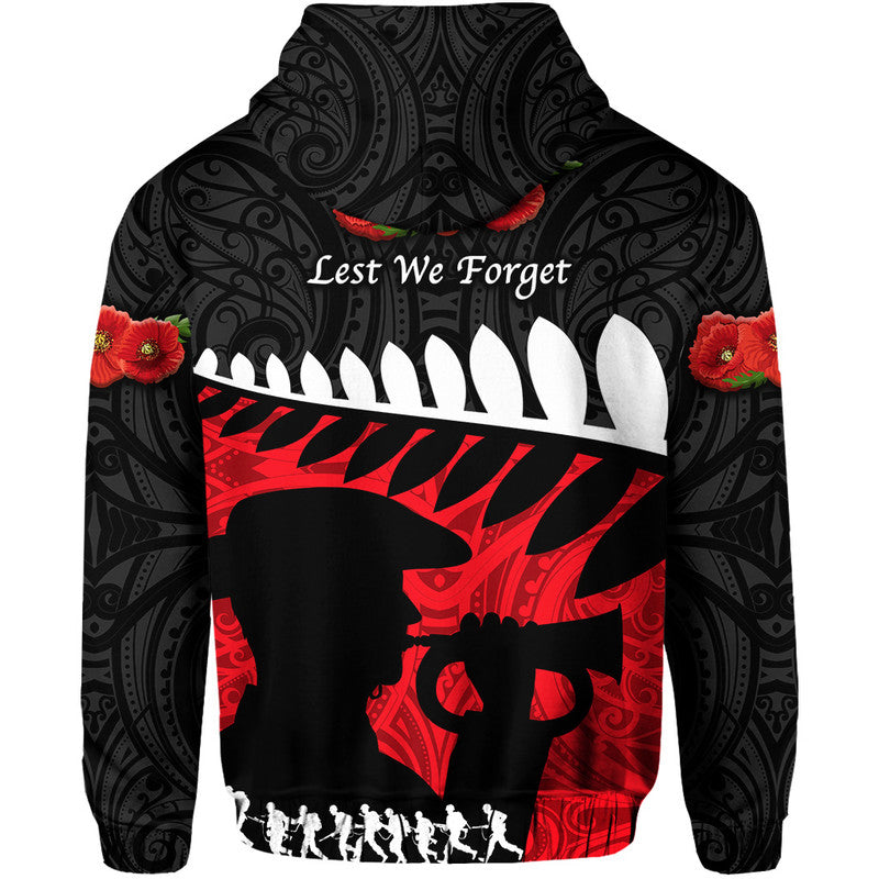 New Zealand Maori ANZAC Zip Up And Pullover Hoodie Remembrance Soldier - Black LT8