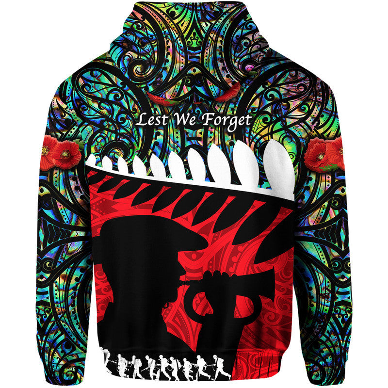 New Zealand Maori ANZAC Zip Up And Pullover Hoodie Remembrance Soldier - Paua Shell LT8