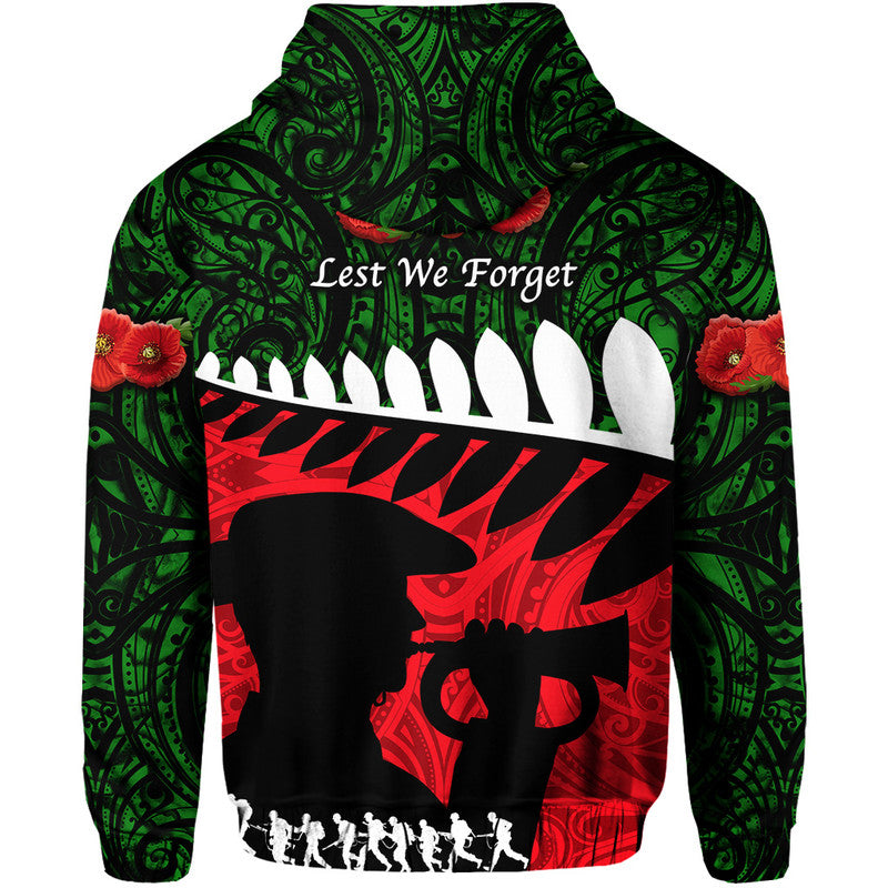 New Zealand Maori ANZAC Zip Up And Pullover Hoodie Remembrance Soldier - Green LT8