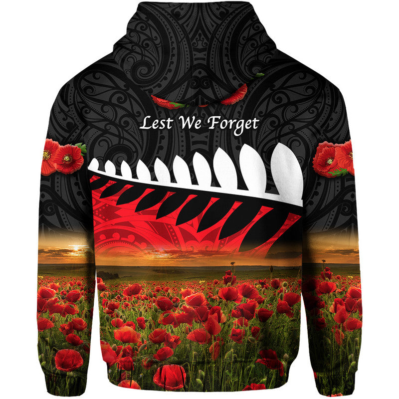 New Zealand Maori ANZAC Zip Up And Pullover Hoodie Poppy Vibes - Black LT8