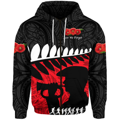 (Custom Personalised) New Zealand Maori ANZAC Zip Up And Pullover Hoodie Remembrance Soldier - Black LT8