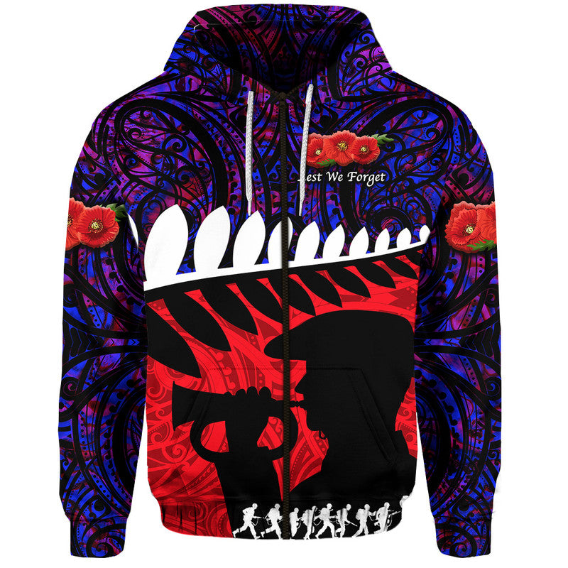 New Zealand Maori ANZAC Zip Up And Pullover Hoodie Remembrance Soldier - Purple LT8