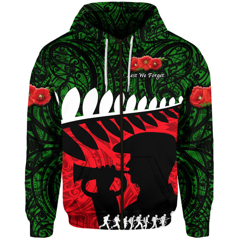 (Custom Personalised) New Zealand Maori ANZAC Zip Up And Pullover Hoodie Remembrance Soldier - Green LT8