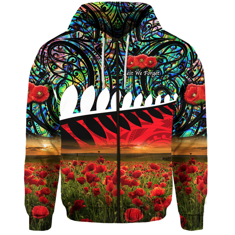 (Custom Personalised) New Zealand Maori ANZAC Zip Up And Pullover Hoodie Poppy Vibes - Paua Shell LT8