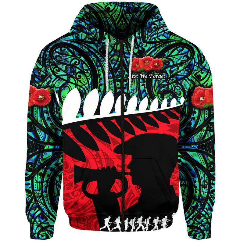New Zealand Maori ANZAC Zip Up And Pullover Hoodie Remembrance Soldier - Turquoise LT8