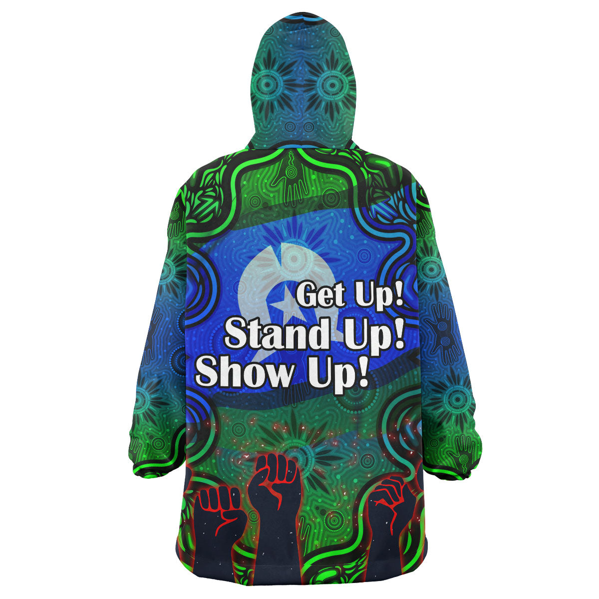 naidoc-week-2023-wearable-blanket-hoodie-custom-black-raised-hands-with-aboriginal-inspired-patterns-wearable-blanket-hoodie