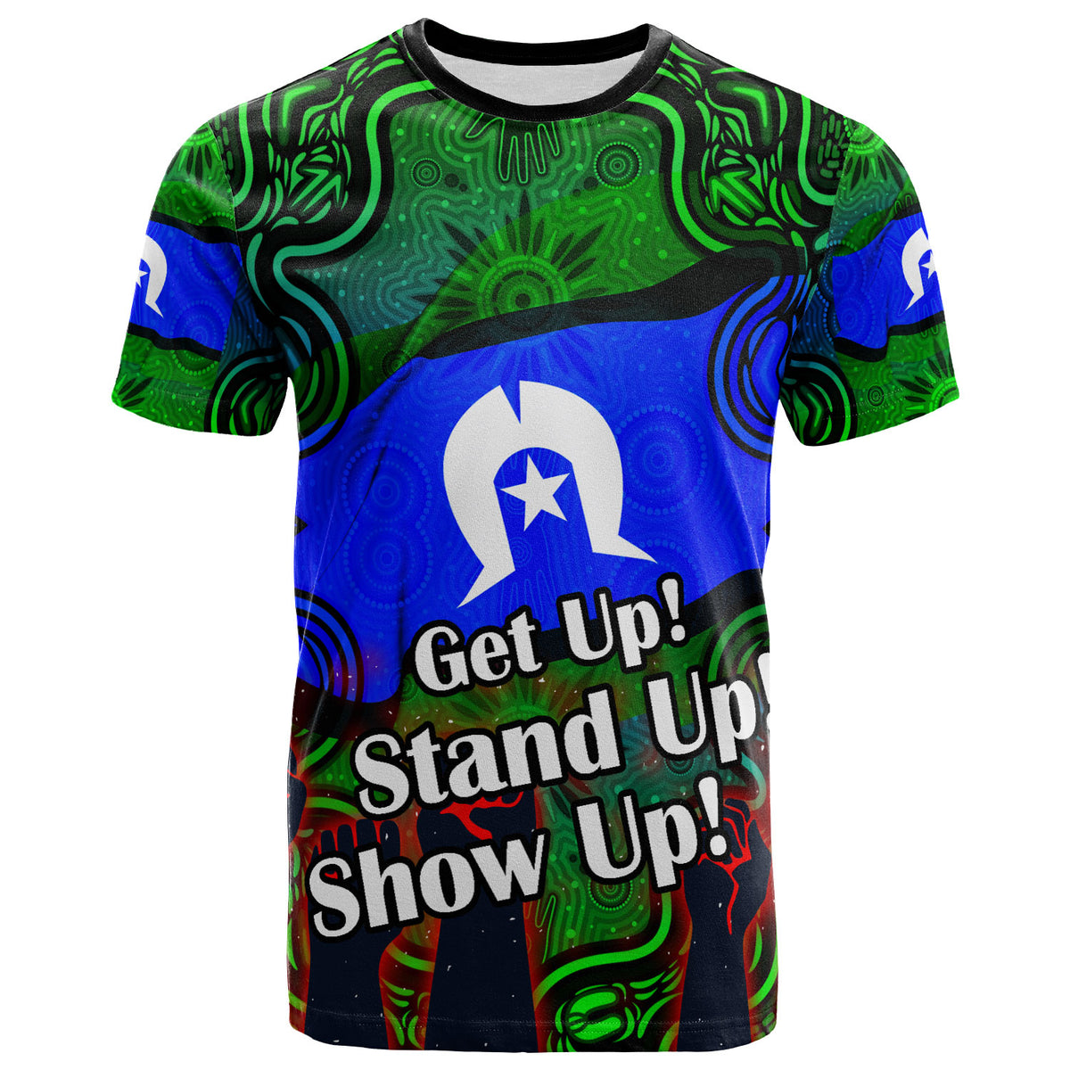 australia-naidoc-week-2023-t-shirt-custom-black-raised-hands-with-aboriginal-inspired-patterns-t-shirt