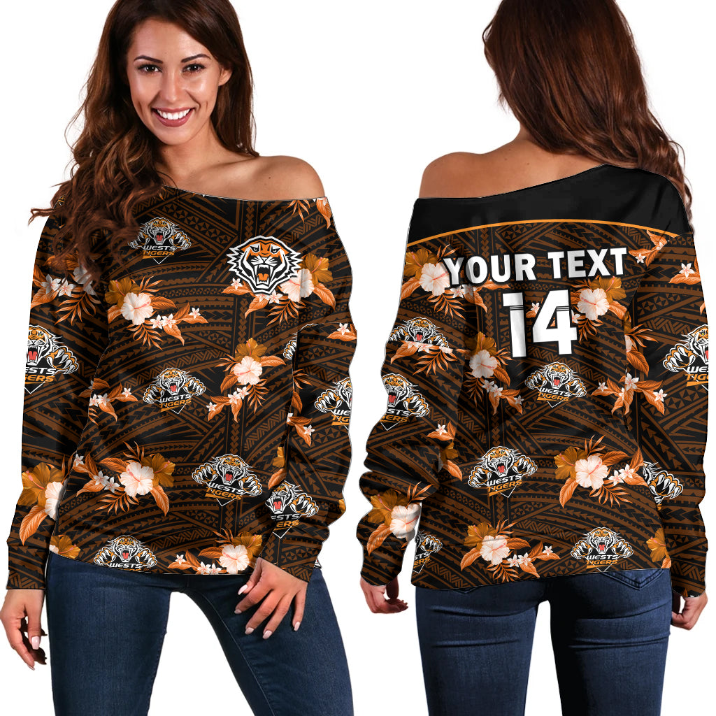 (Custom Text And Number) Wests Tigers Rugby Off Shoulder Sweater Polynesian Tribal Mix Tropical Hawaiian Style LT14