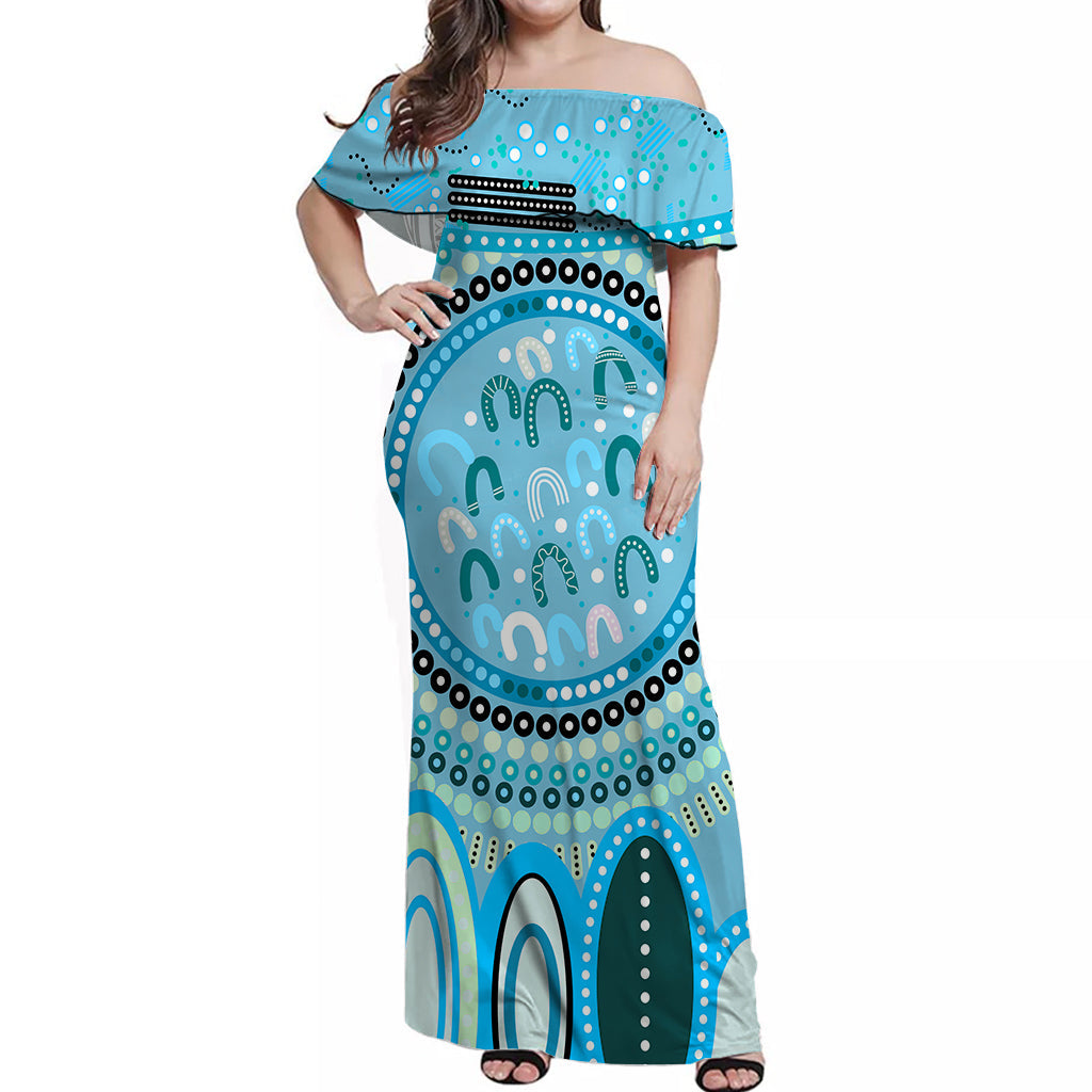 aboriginal-stand-up-off-shoulder-long-dress-circle-dot-with-lizard-version-blue