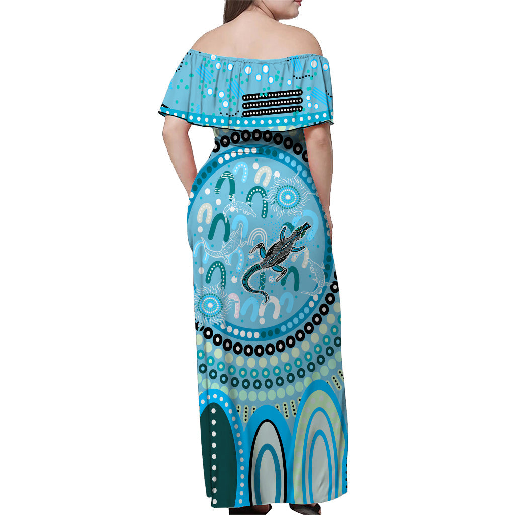 aboriginal-stand-up-off-shoulder-long-dress-circle-dot-with-lizard-version-blue