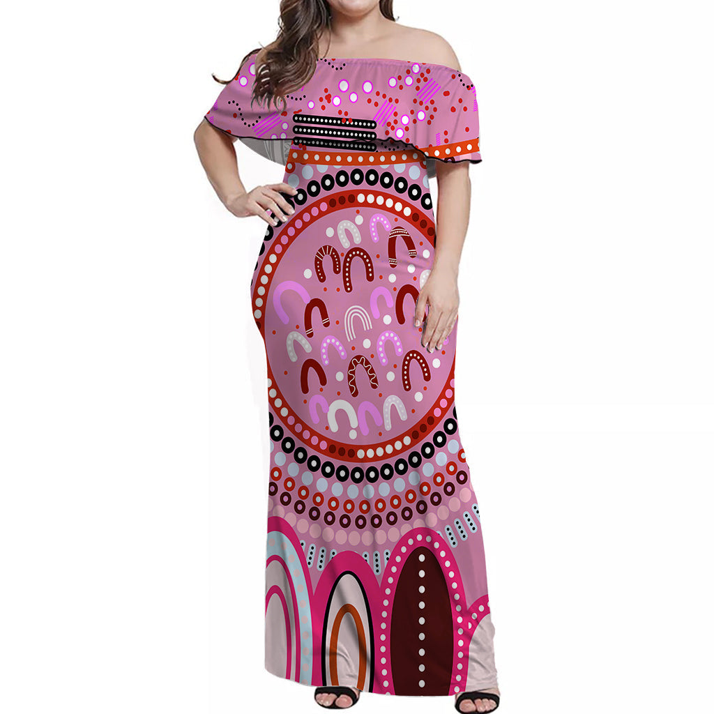 aboriginal-stand-up-off-shoulder-long-dress-circle-dot-with-lizard-version-pink