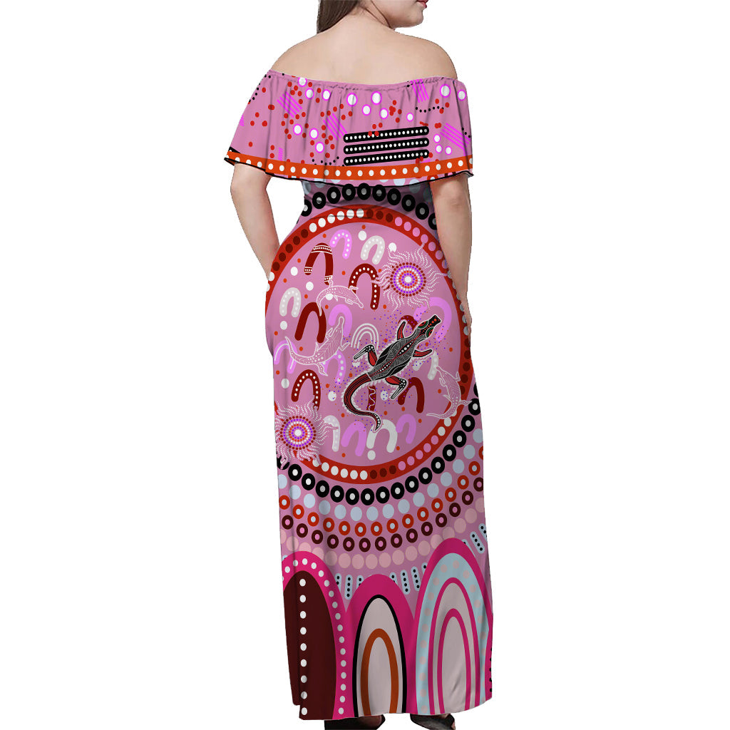 aboriginal-stand-up-off-shoulder-long-dress-circle-dot-with-lizard-version-pink