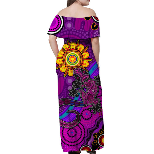 australia-lizard-and-sun-off-shoulder-long-dress-aboriginal-art-purple