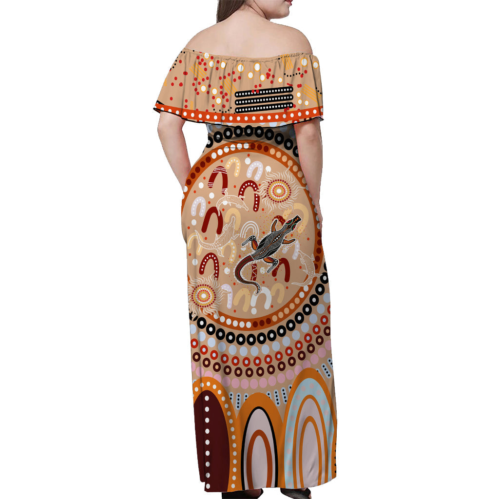 aboriginal-stand-up-off-shoulder-long-dress-circle-dot-with-lizard-version-peachpuff