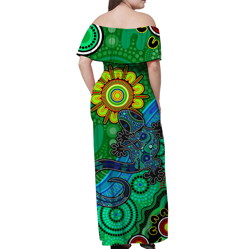 australia-lizard-and-sun-off-shoulder-long-dress-aboriginal-art-green