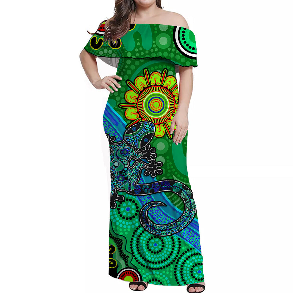 australia-lizard-and-sun-off-shoulder-long-dress-aboriginal-art-green