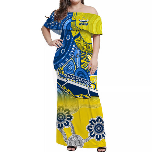 custom-personalised-cowboys-rugby-off-shoulder-long-dress-aboriginal-boomerang-go-premiers-north-queensland