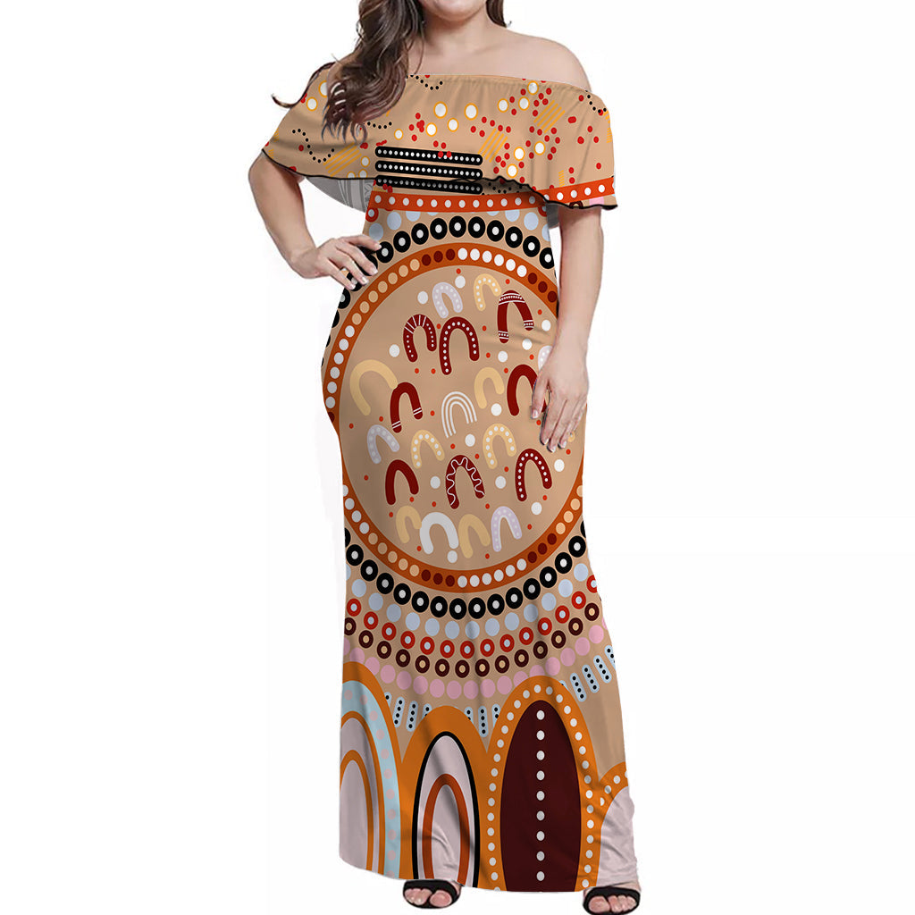 aboriginal-stand-up-off-shoulder-long-dress-circle-dot-with-lizard-version-peachpuff