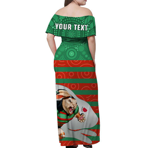 custom-personalised-rabbitohs-rugby-off-shoulder-long-dress-aboriginal-dot-painting-glory-glory-sporty-style