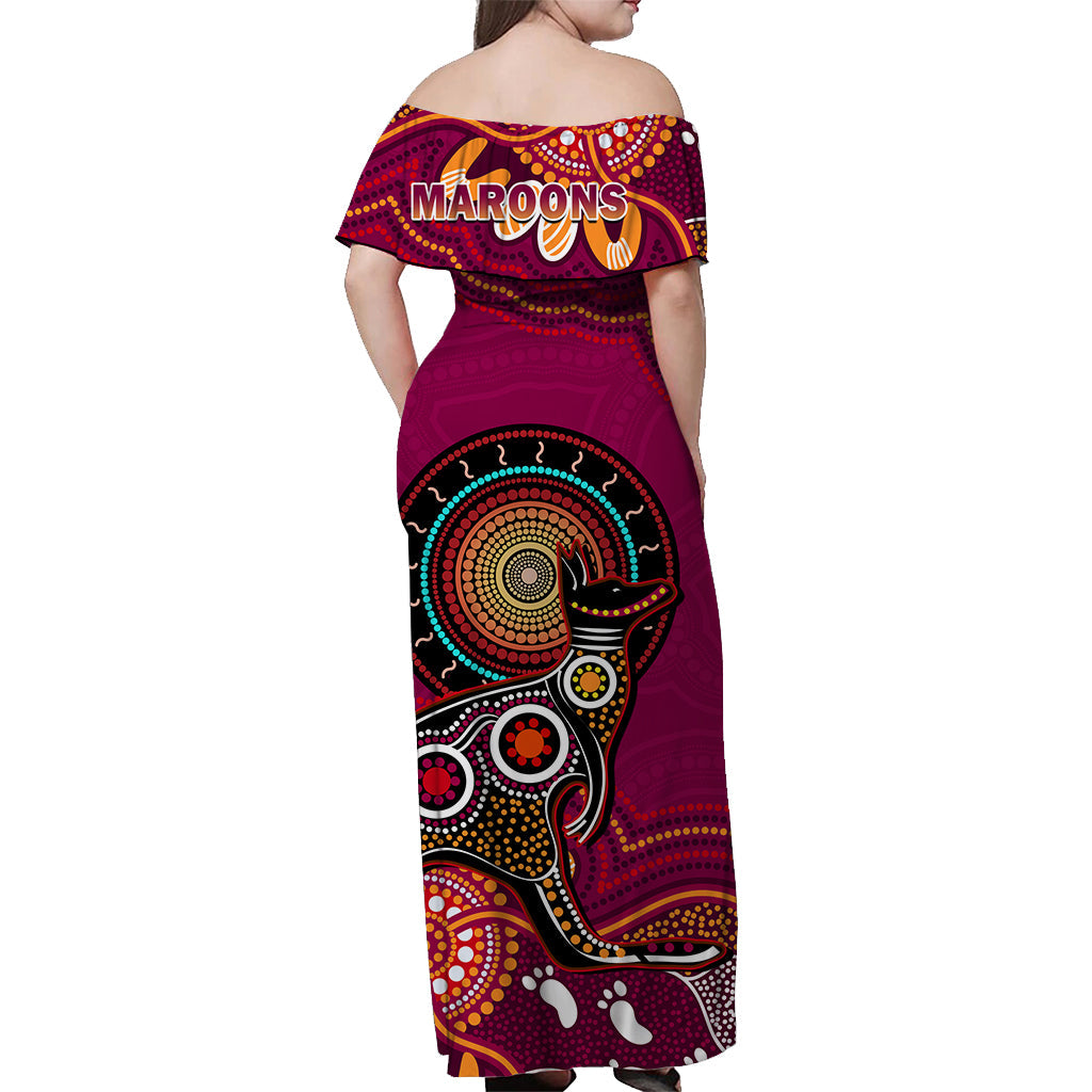 maroons-rugby-off-shoulder-long-dress-queensland-kangaroo-aboriginal-dot-paintings