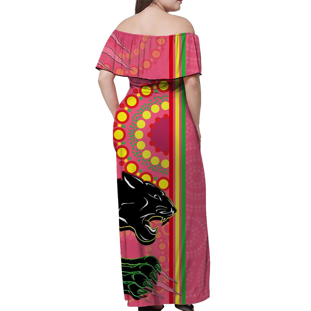 custom-personalised-panthers-rugby-off-shoulder-long-dress-the-mountain-men-aboriginal-art-dynamic-pink-version