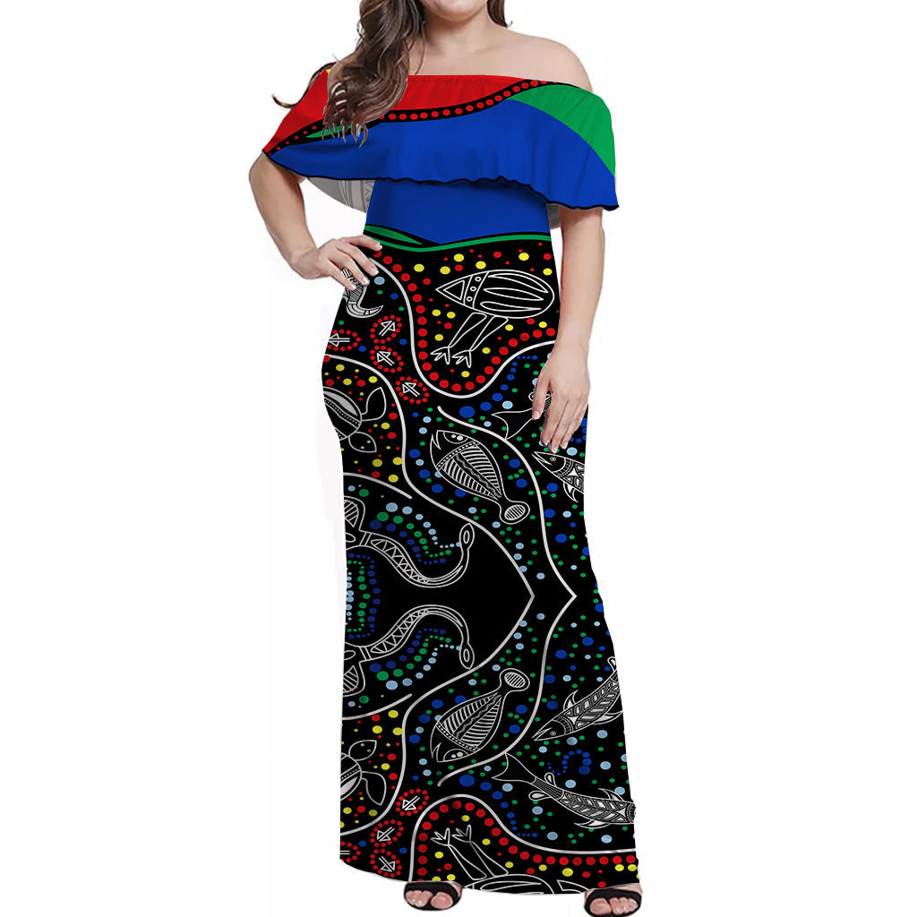 custom-peronalised-naidoc-week-off-shoulder-long-dress-national-aborigines-and-torres-strait-islander-animals-aboriginal-art