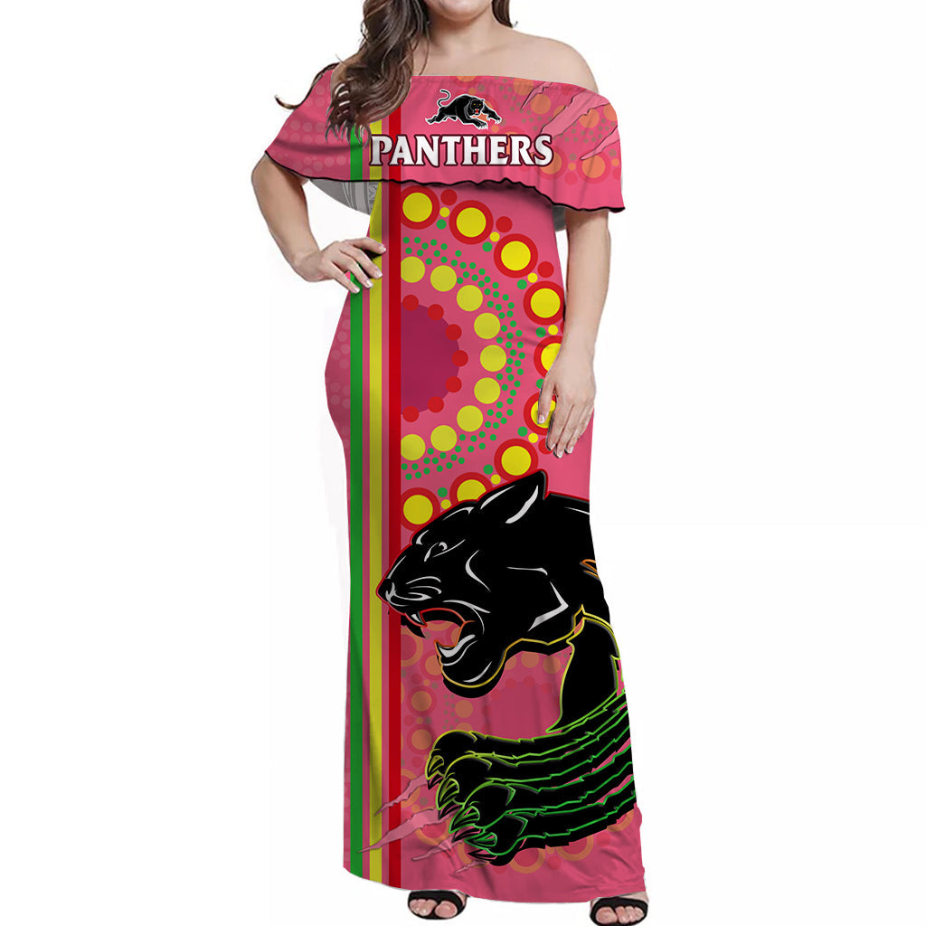 panthers-rugby-off-shoulder-long-dress-the-mountain-men-aboriginal-art-dynamic-pink-version