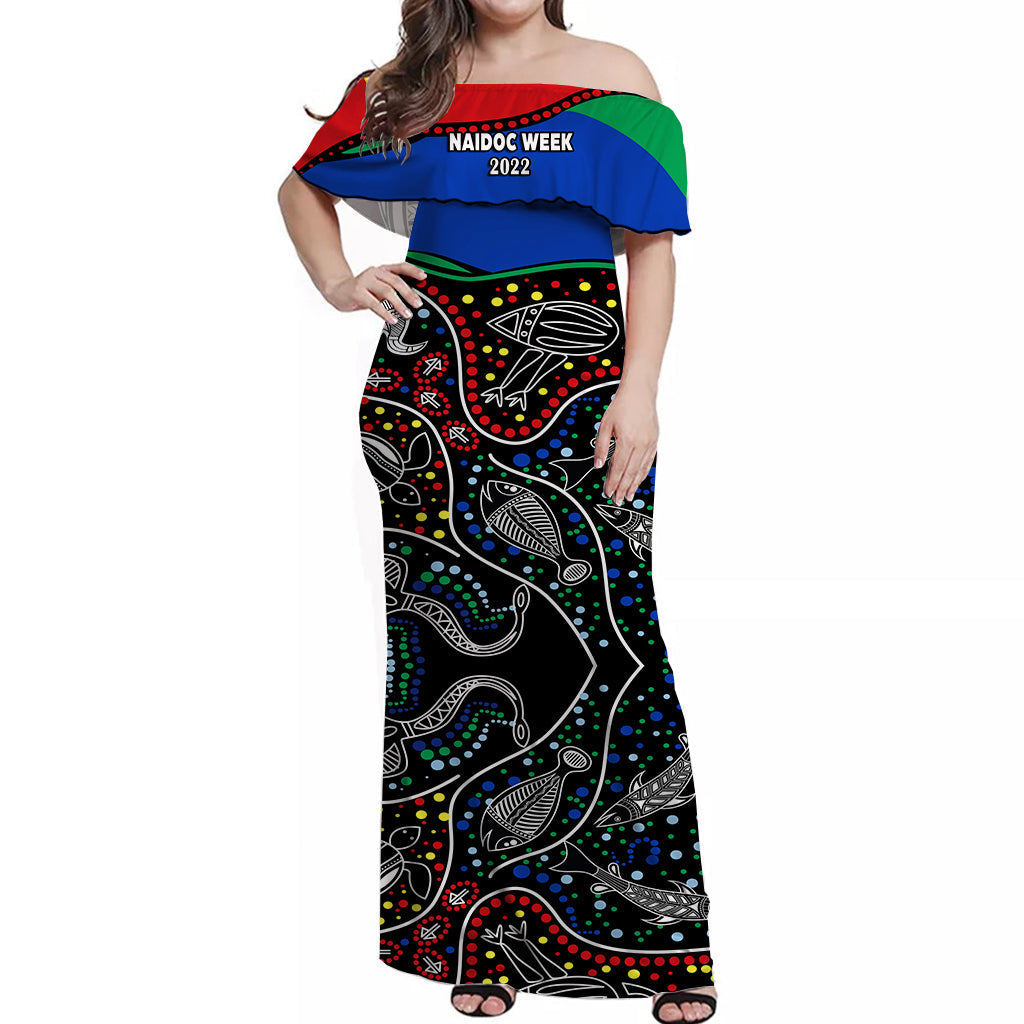 custom-personalised-naidoc-week-2022-off-shoulder-long-dress-national-aborigines-and-torres-strait-islander-animals-aboriginal