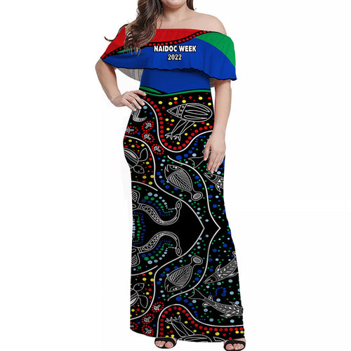 custom-personalised-naidoc-week-2022-off-shoulder-long-dress-national-aborigines-and-torres-strait-islander-animals-aboriginal