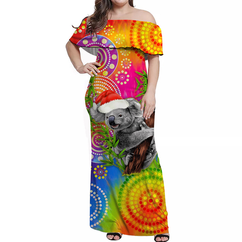 custom-personalised-australia-koala-aboriginal-off-shoulder-long-dress-rainbow-tie-dye-merry-christmas