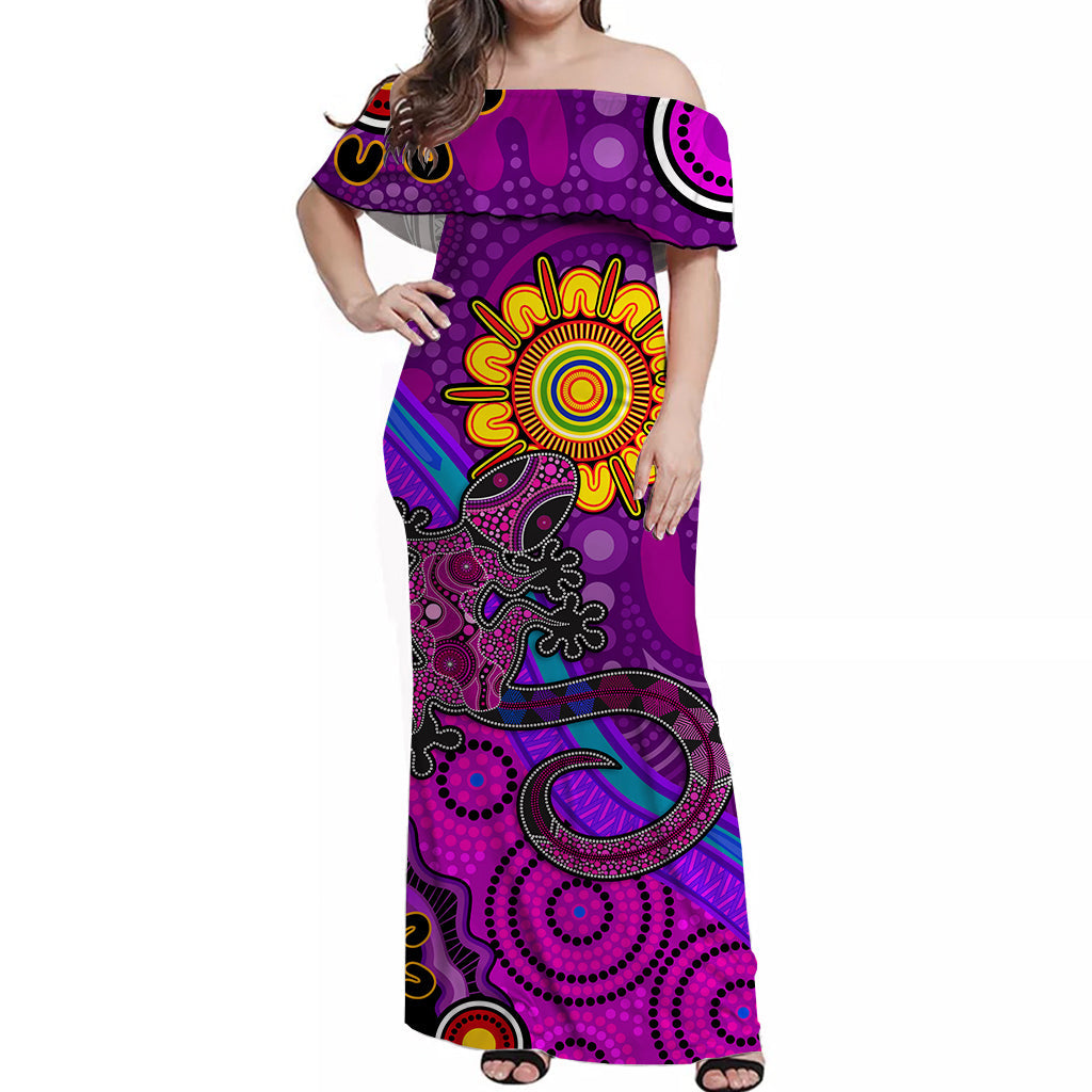 australia-lizard-and-sun-off-shoulder-long-dress-aboriginal-art-purple