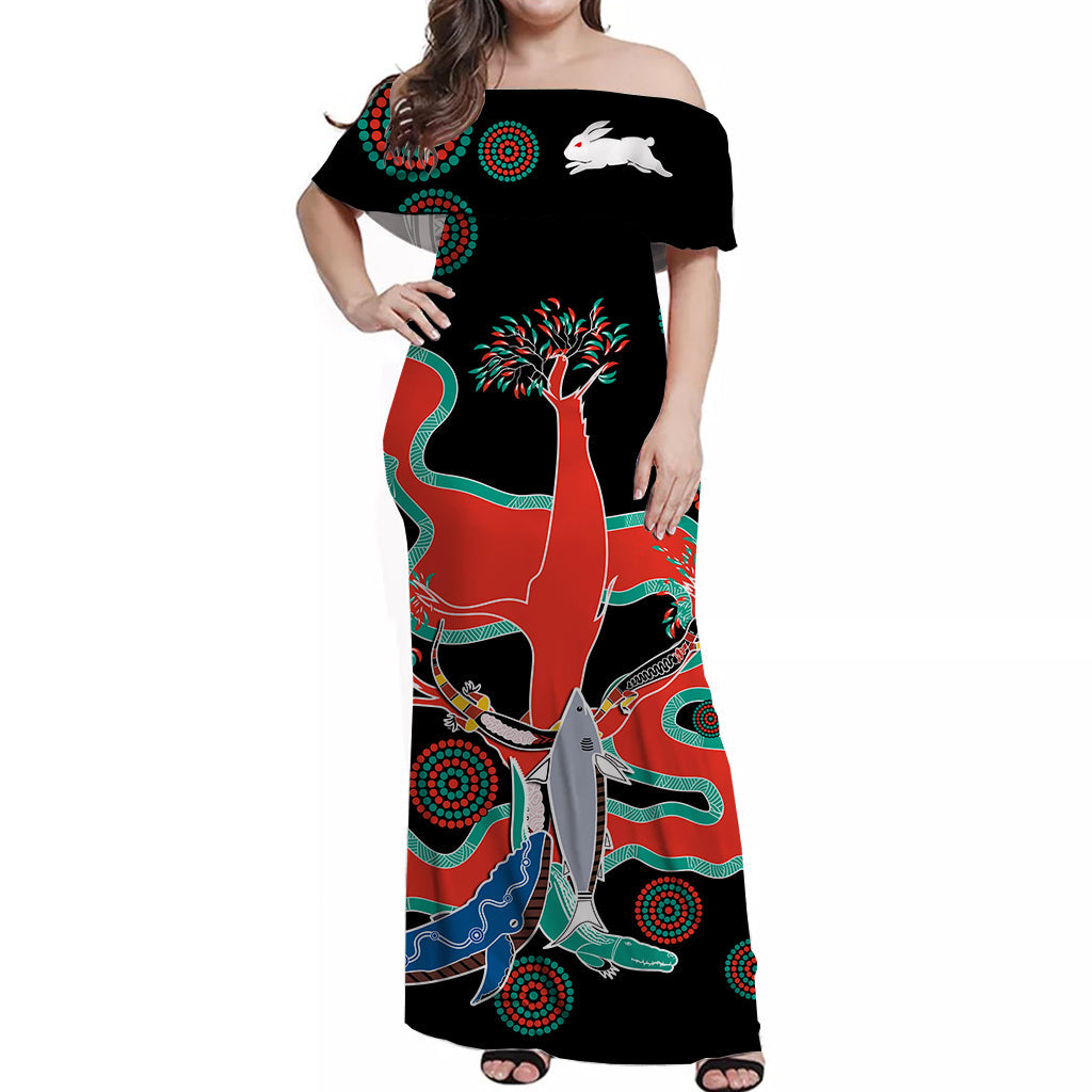 custom-personalised-rabbitohs-off-shoulder-long-dress-go-the-bunnies-black-aboriginal