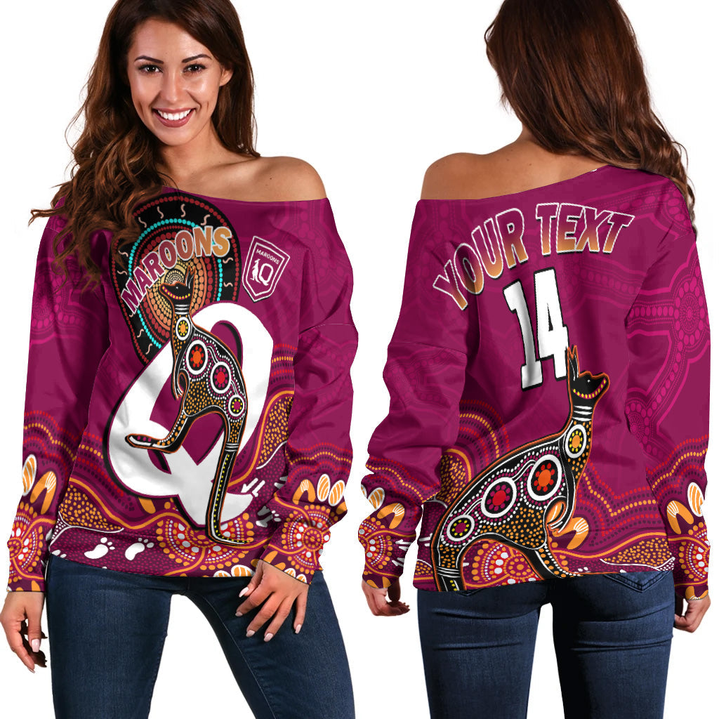 custom-text-and-number-maroons-rugby-off-shoulder-sweater-queensland-kangaroo-aboriginal-dot-paintings