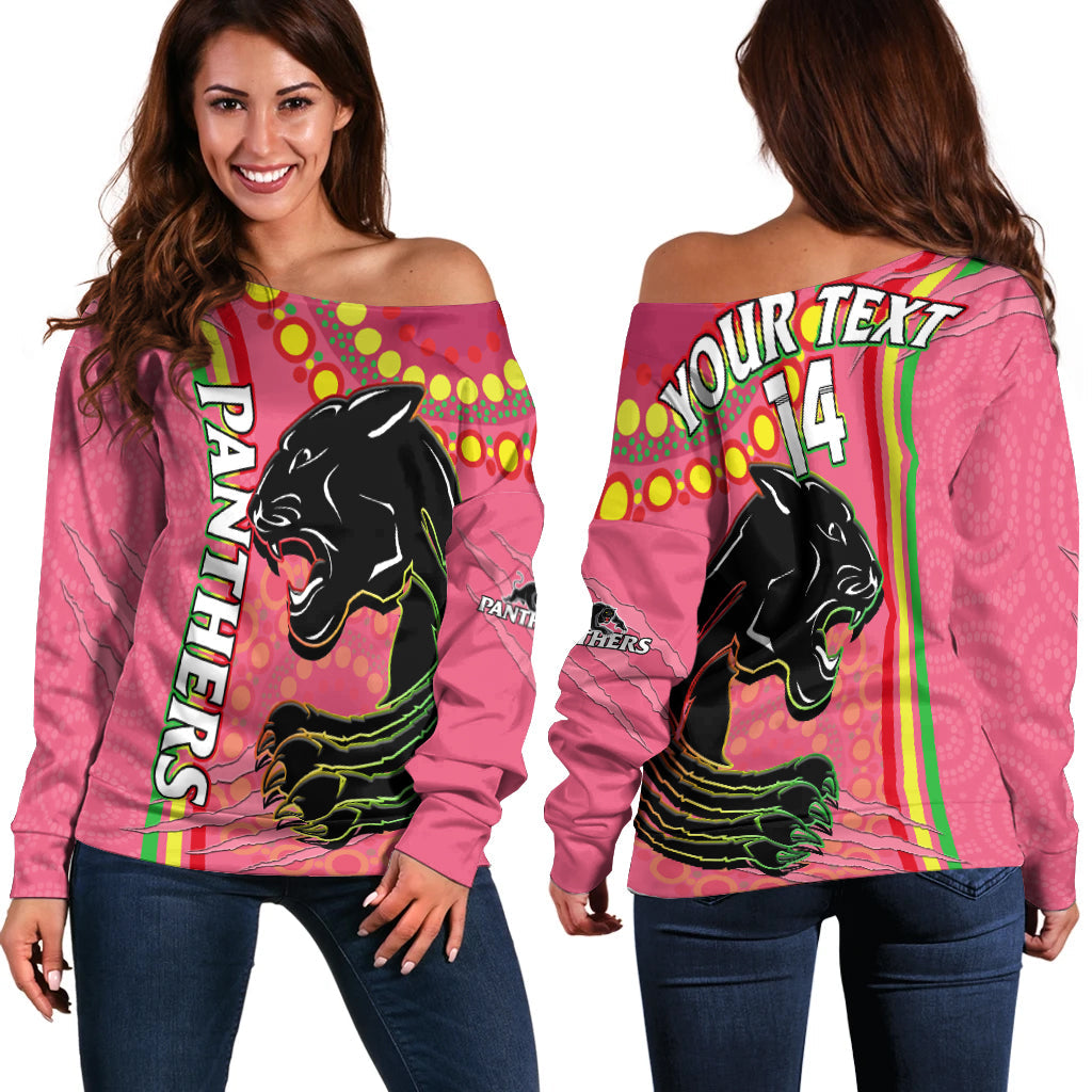 custom-text-and-number-panthers-rugby-off-shoulder-sweater-the-mountain-men-aboriginal-art-dynamic-pink-version